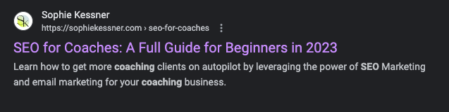 Google SERP showing Meta Description for SEO Coach blog using additional keywords as part of the SEO Strategy