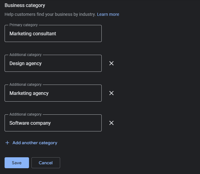 google my business categories
