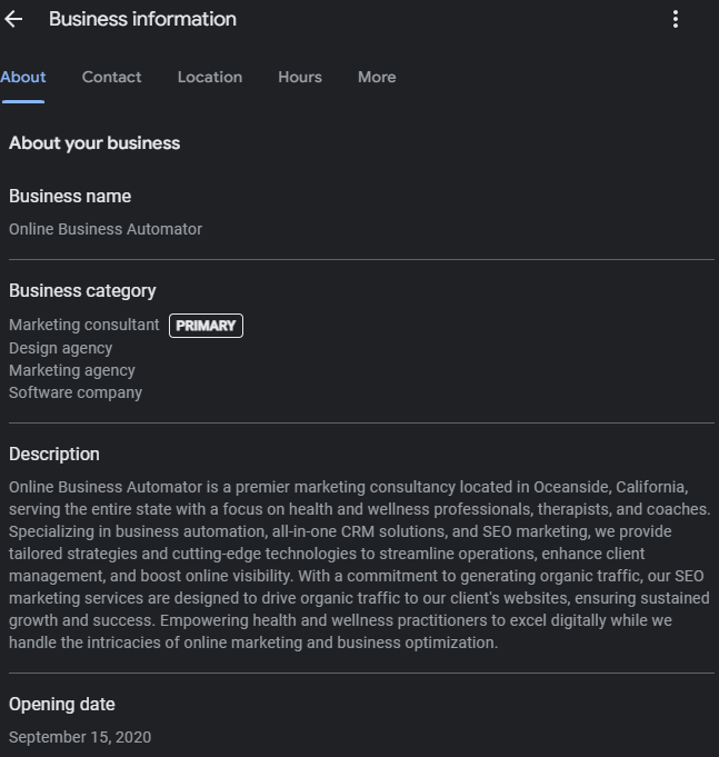 google my business information and business description