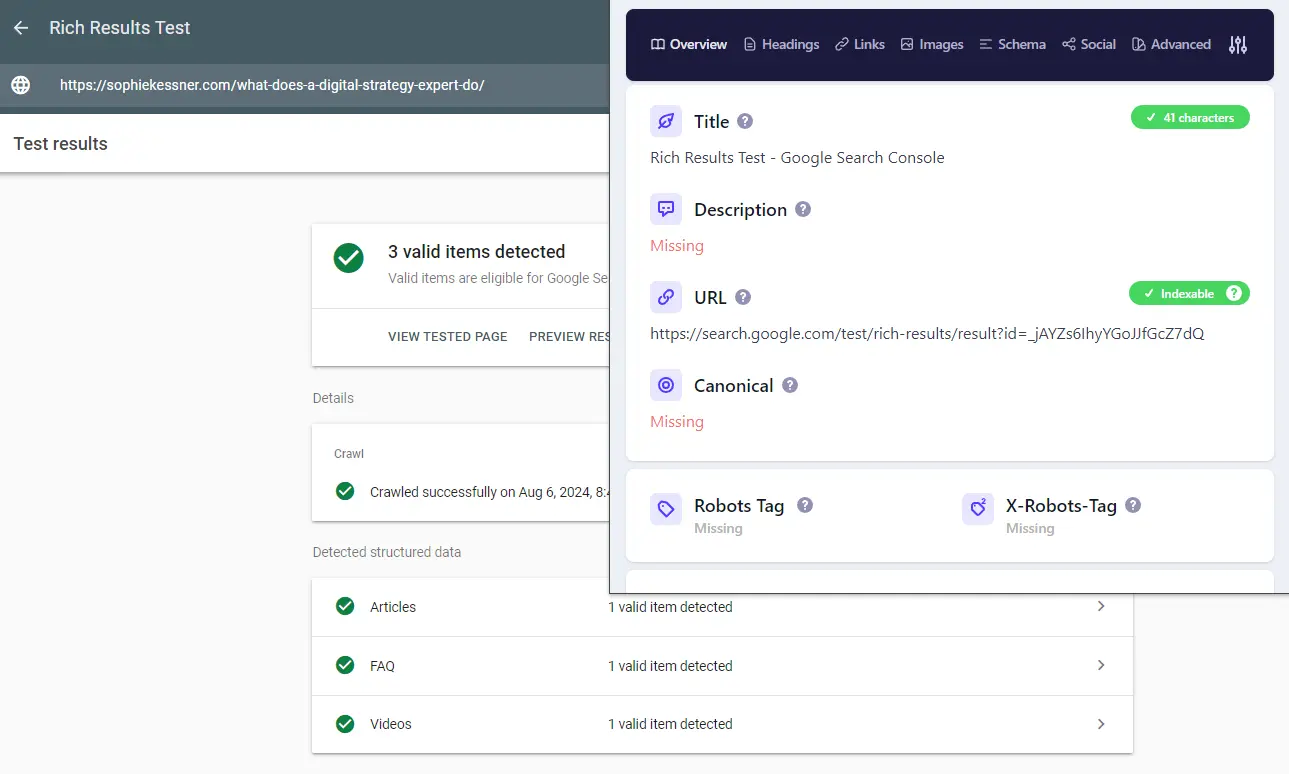 rich snippets test results