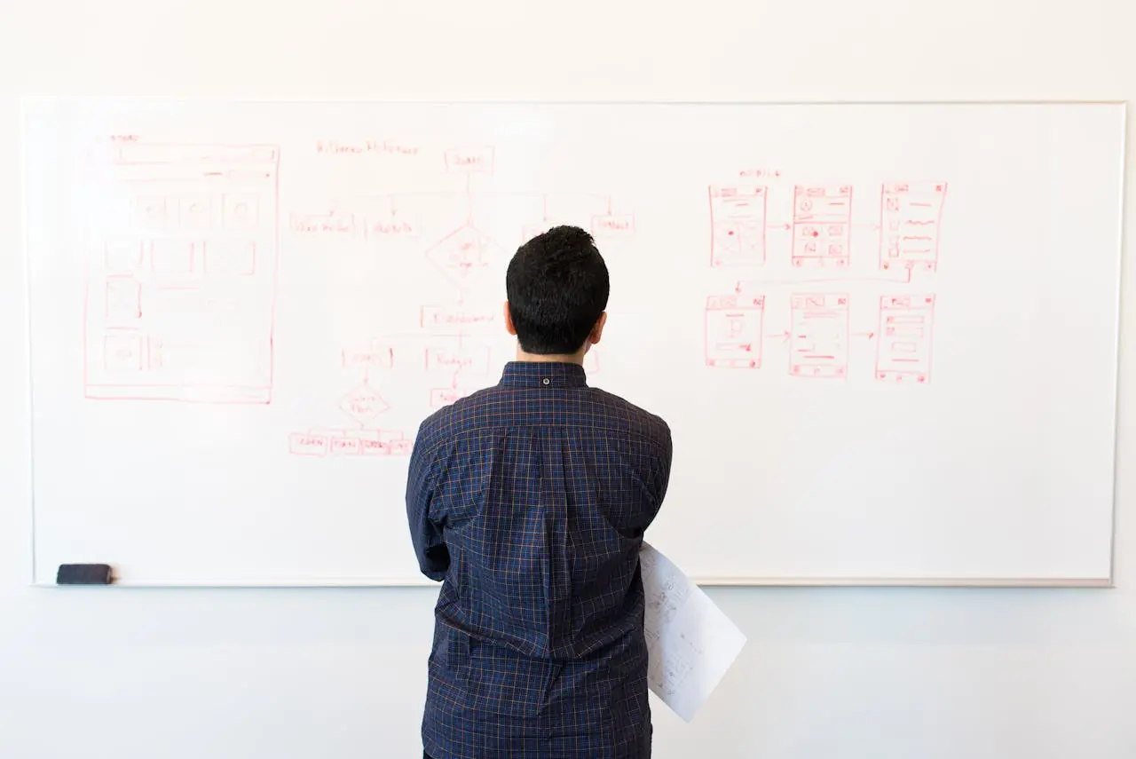 A man staring at a white board