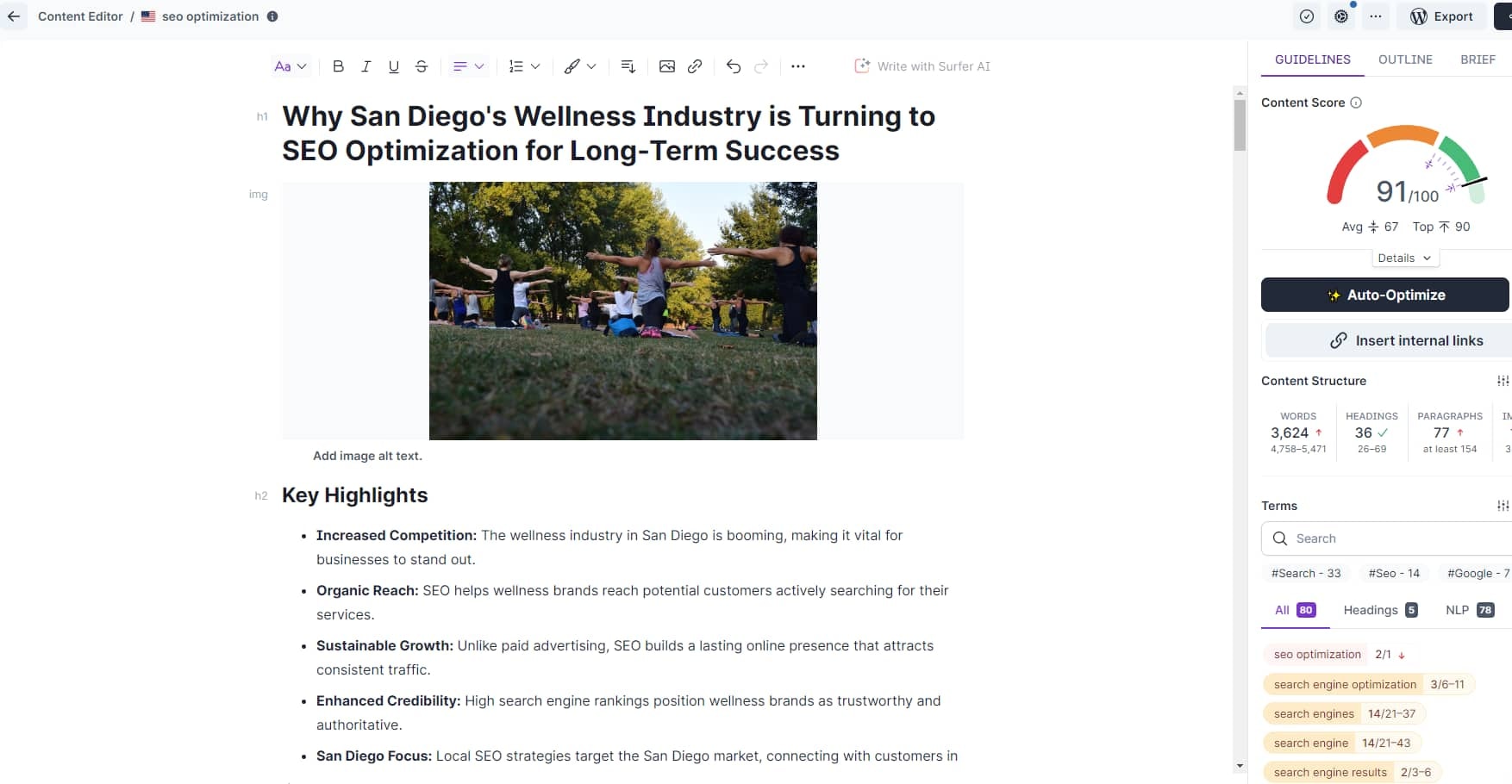 SEO optimized wellness content creation using surferseo