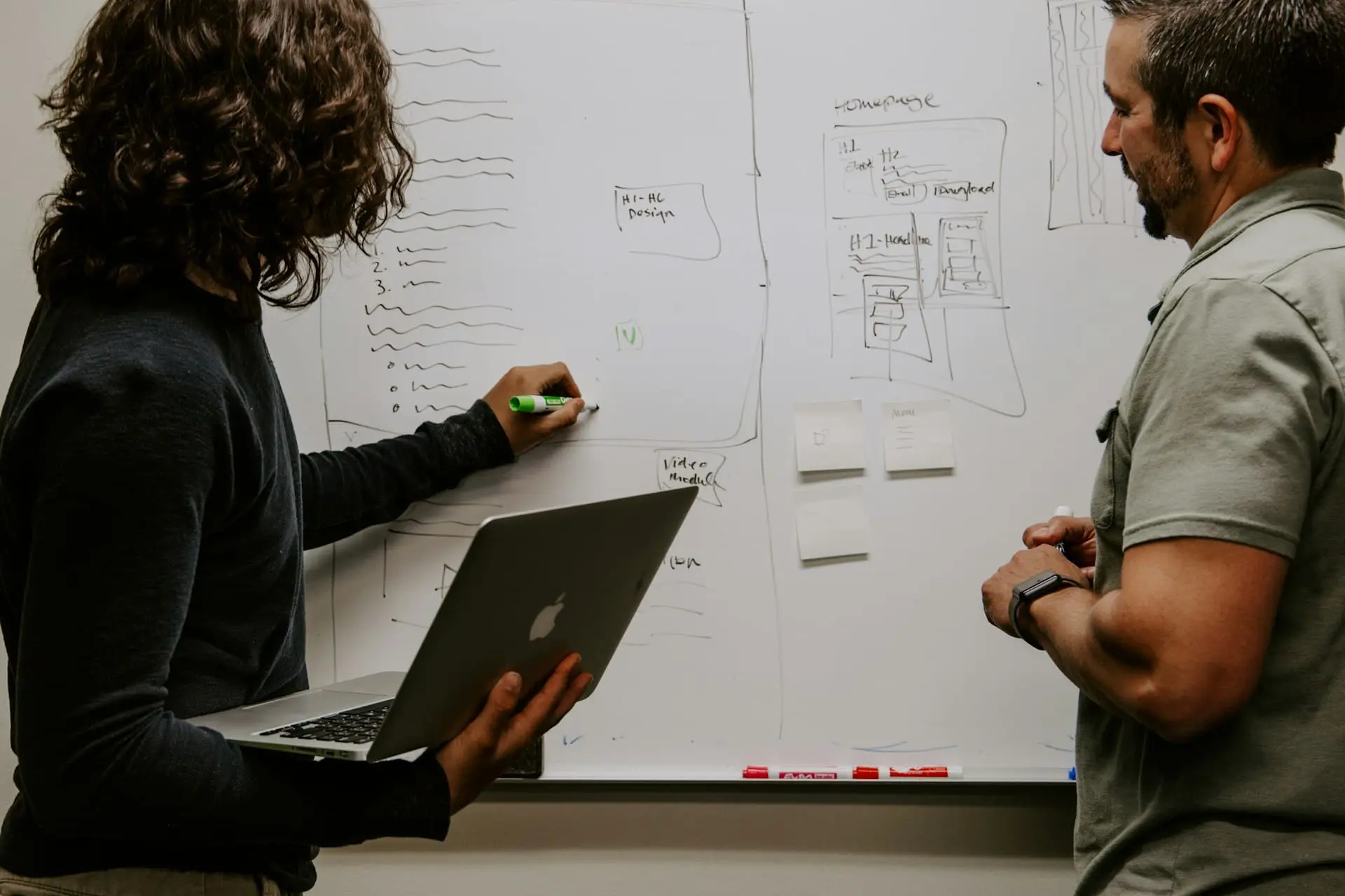 two persons writing on a white board for collaboration