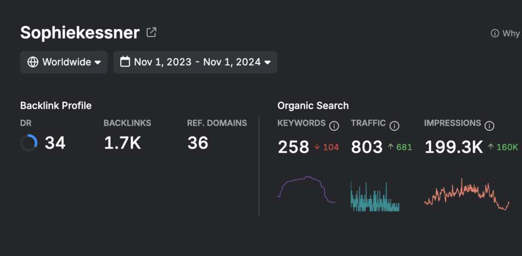 Google Search Console Analytics for SophieKessner.com November 2023-November 2024