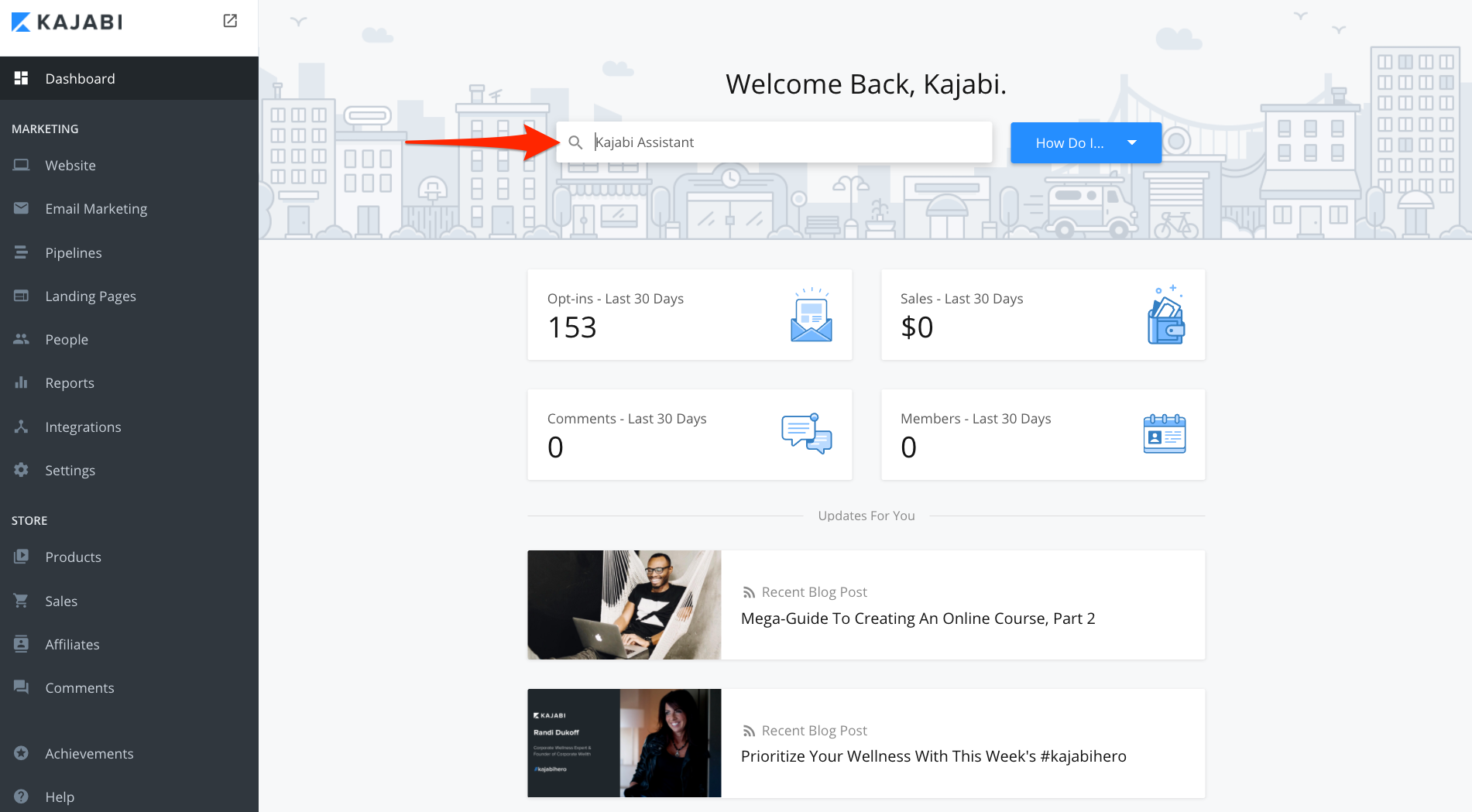 Dashboard of Kajabi homepage upon logging in