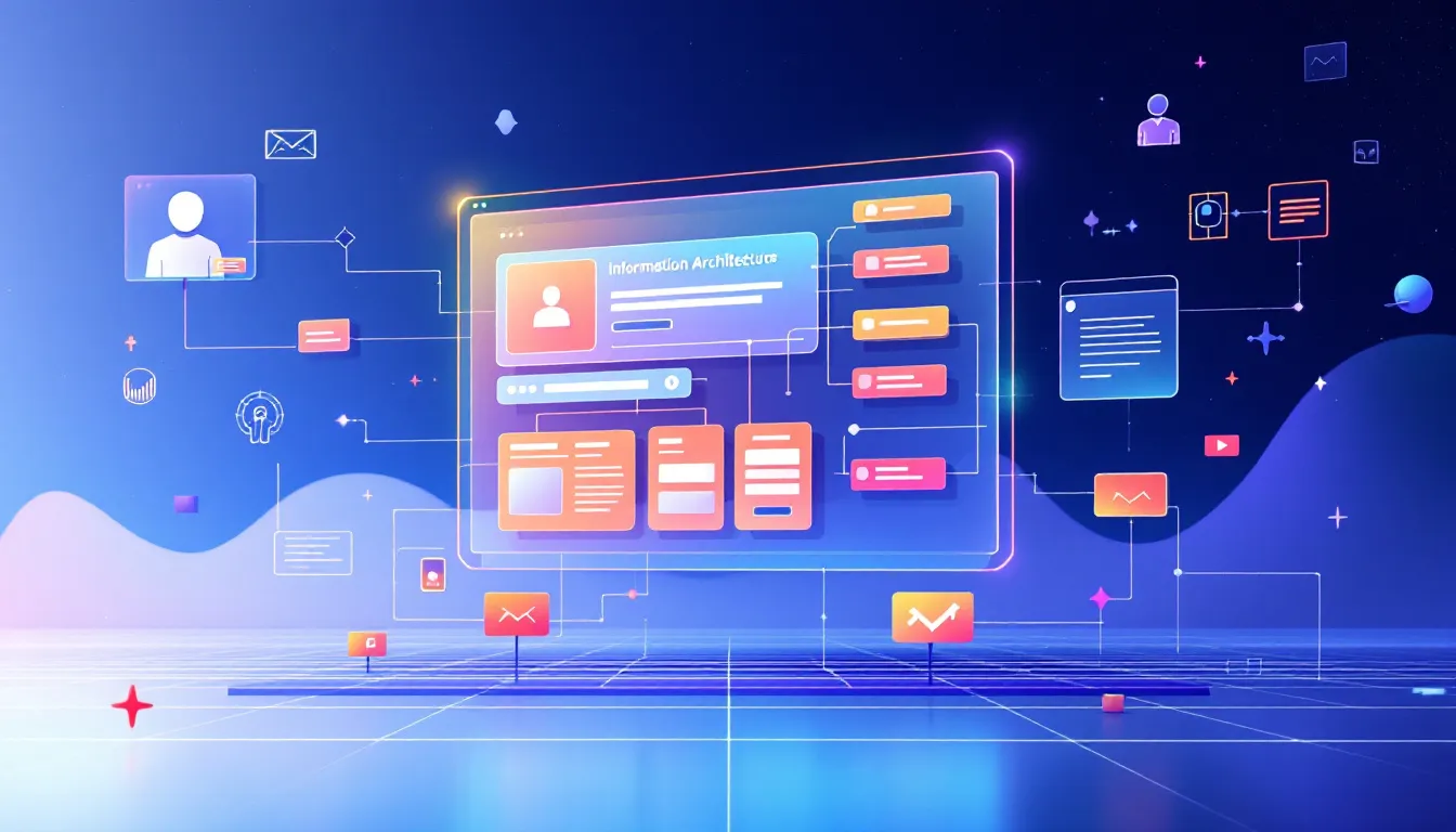 An illustration of SEO web design concepts, showcasing elements like website structure and user experience.