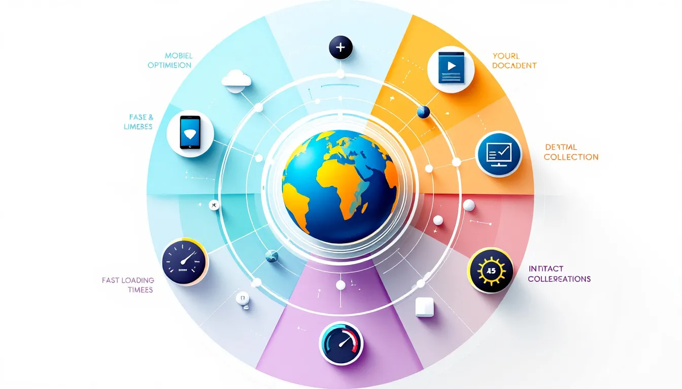 A diagram showing key components of SEO-friendly web design, including mobile optimization and site speed.
