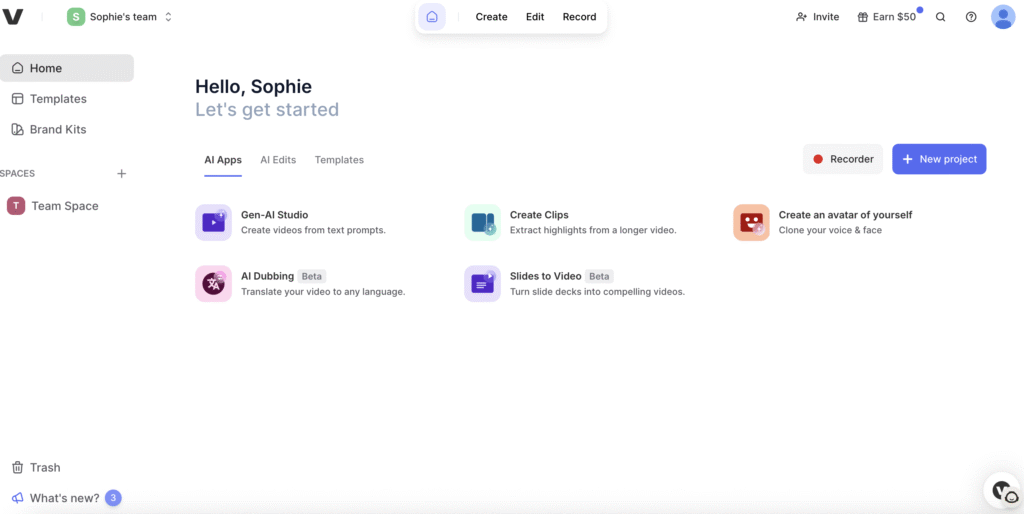 veed io user dashbaord for easy use
